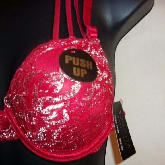 Youmita 36B Chili Pepper Metallic Lace Strappy Bra & Large Hipster Set NWT - Picture 6 of 10